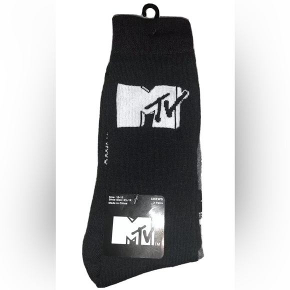 MTV Crew Socks 2 Pair Men 6.5-12 Black Gray w White Logo Music TV My Videos NEW! - Picture 1 of 9